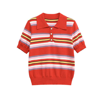 Color blocking striped knit sweater+skirt set for women - Korvel