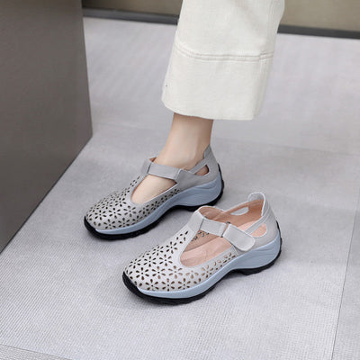 Comfortable flat heeled women's shoes with laser cut holes in the cowhide toe layer sandals with soft low and oversized shoes - Korvel