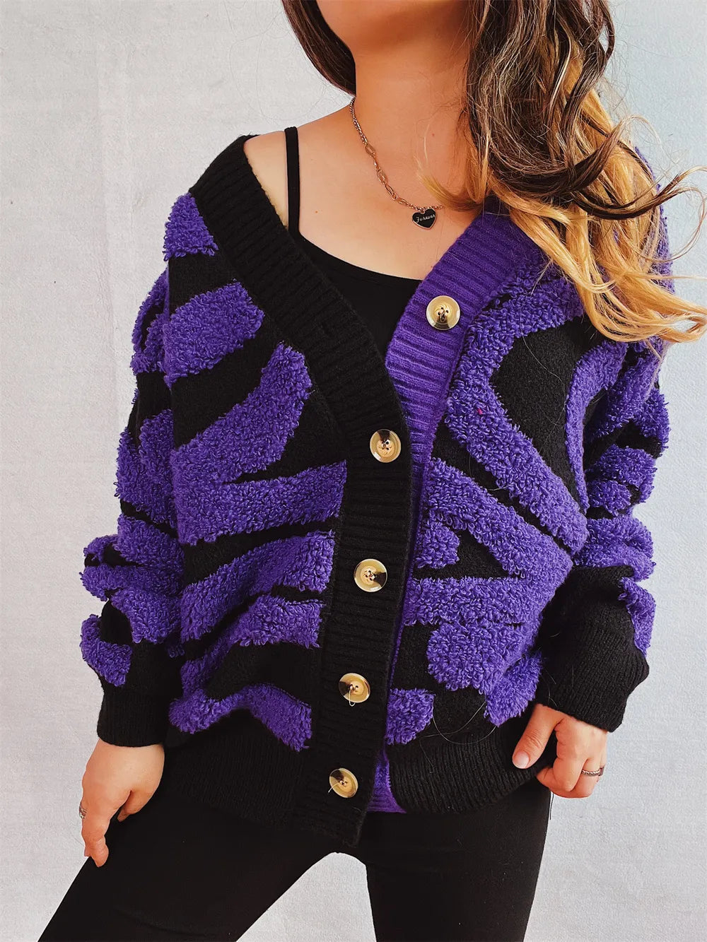 Contrast Button Up Long Sleeve Cardigan - Korvel