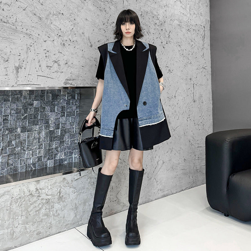 Cowboy patchwork suit vest women's irregular fashion vest jacket - Korvel