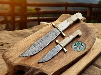 Premium Custom Bowie Knife Duo – Damascus Steel & Elegant Bone Handles - Korvel