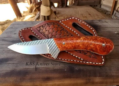 Artisan Cowboy Knife with Leather Sheath – 7.75" Rasp Steel Blade and Epoxy Handle - Korvel