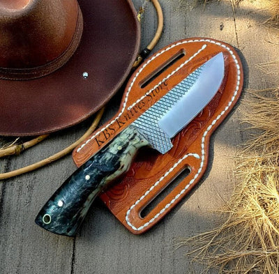 Artisan Cowboy Fixed Blade Knife – Rasp Steel, Mountain Sheep Horn Handle, Leather Sheath - Korvel