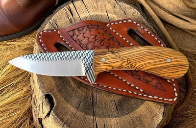 Premium 7.5" Cowboy Knife with Olive Wood Handle & Leather Sheath - Korvel