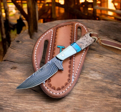 Premium 7" Damascus Steel Knife with Bone & Turquoise Handle - Korvel