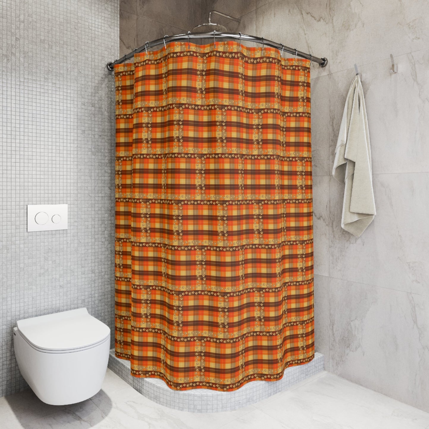 Rideau de douche en plaid confortable avec empreintes de pattes