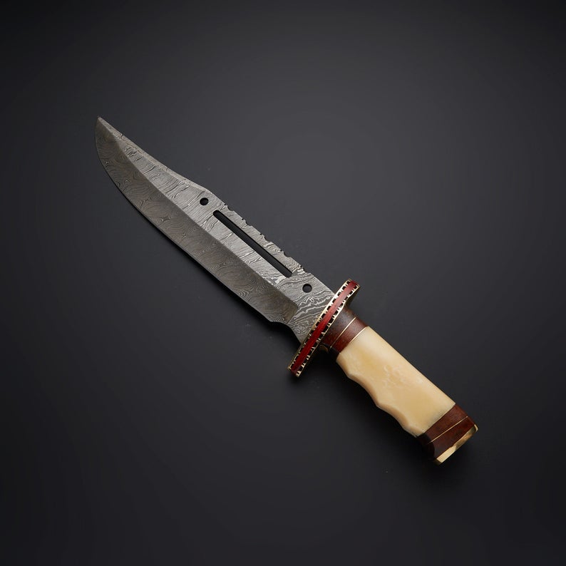 Custom Handmade Damascus Bowie Knife - Rambo First Blood Edition with Rosewood & Bone Handle - Korvel