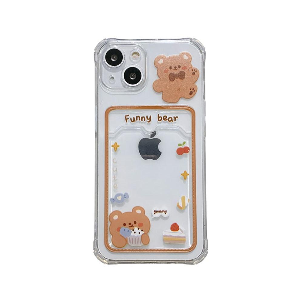 Adorable Floral Bear Clear Phone Case for iPhone 14/13/12/11/XS/XR/8/7 with Card Holder - Korvel