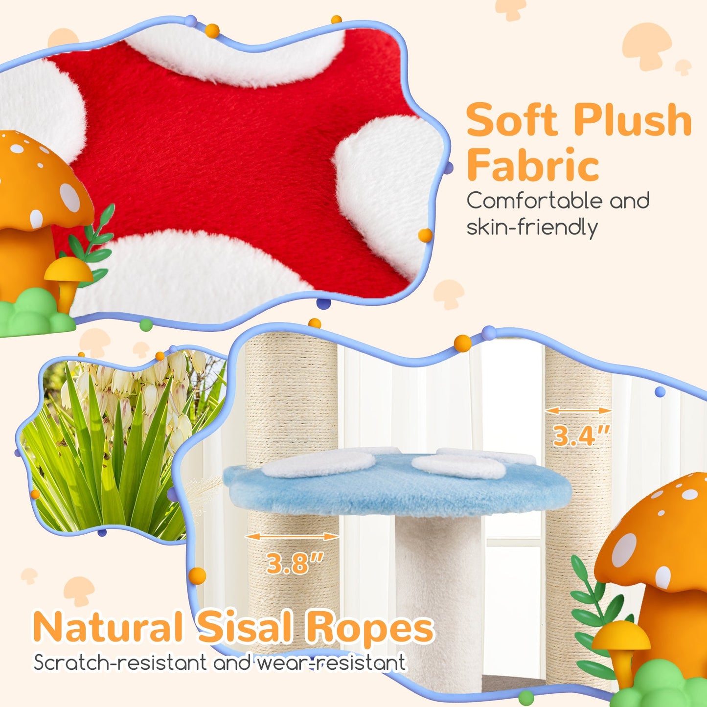 Árbol para Gatos en Forma de Hongo con Postes de Rascado de Sisal