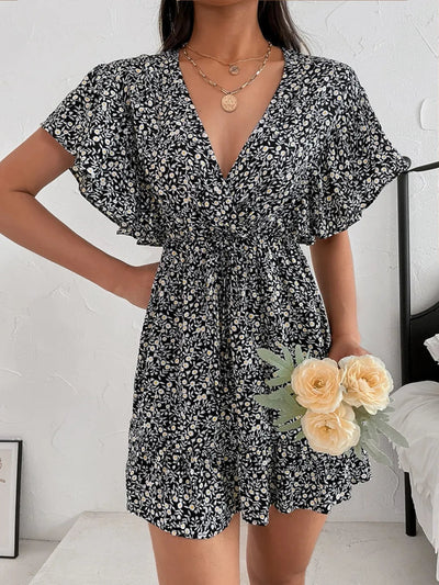 Cutout Ditsy Floral Surplice Flounce Sleeve Dress - Korvel