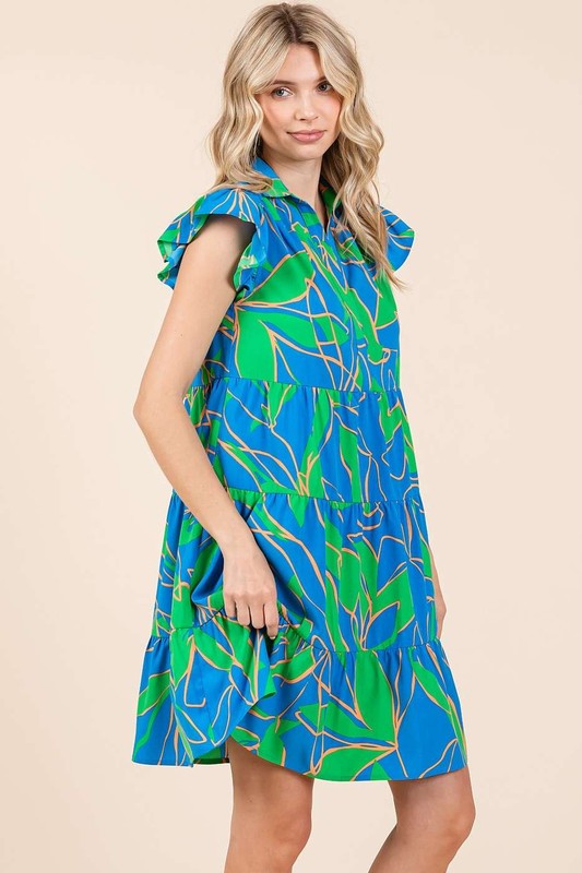Robe Mini à Manches Volantes Imprimée Feuilles d'Été