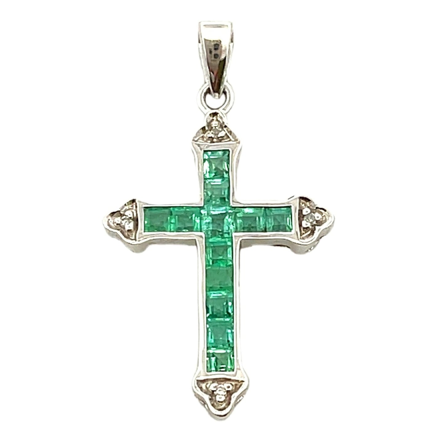 Emerald Diamond Cross Pendant in 10KT White Gold