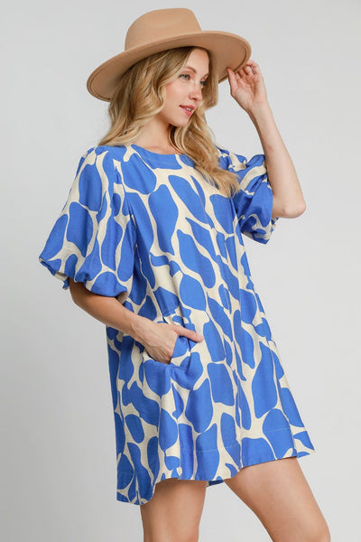 Blue Two Tone Abstract Print Puff Sleeve Dress