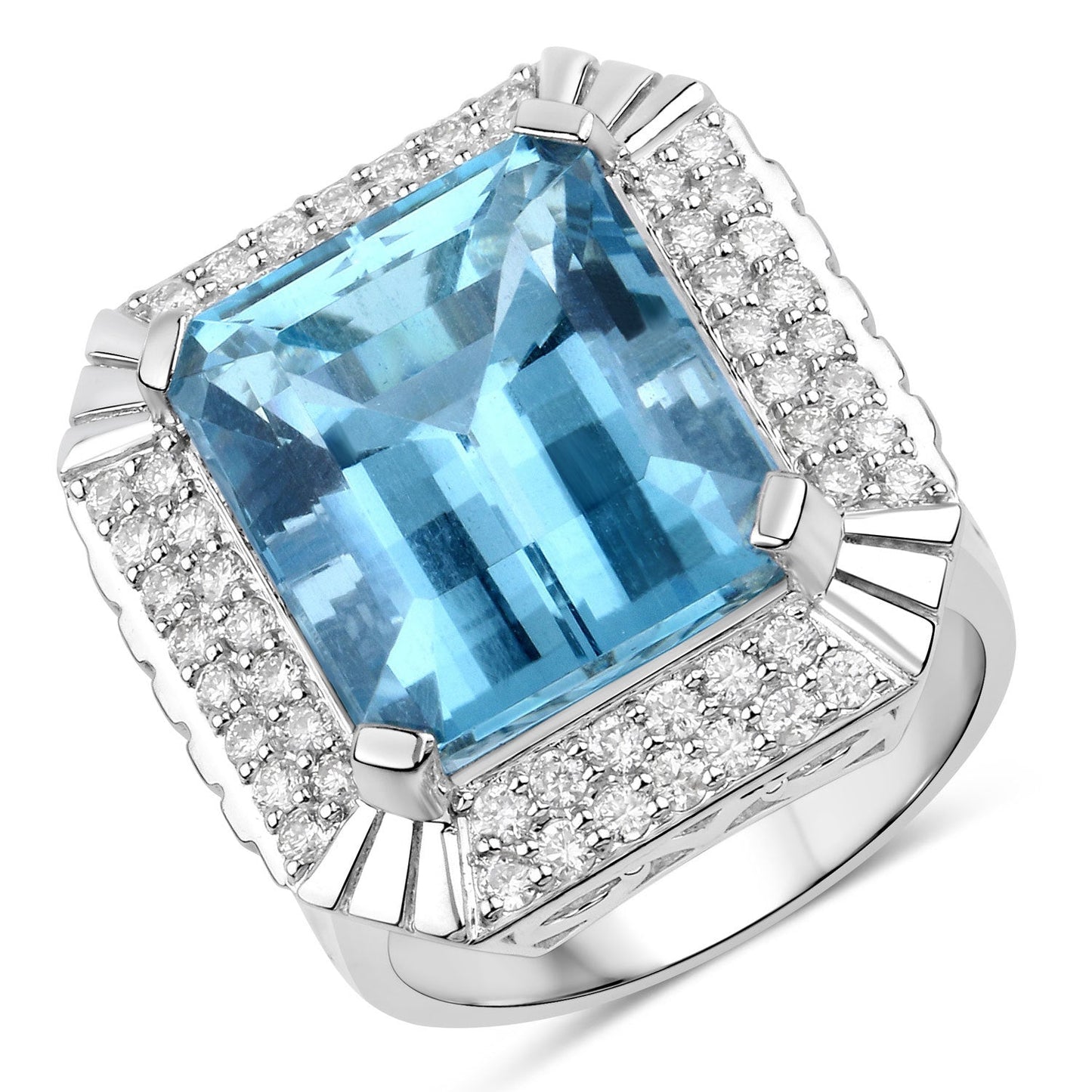Bague de fiançailles en or blanc 14K avec aquamarine de 13,924 carats et diamants