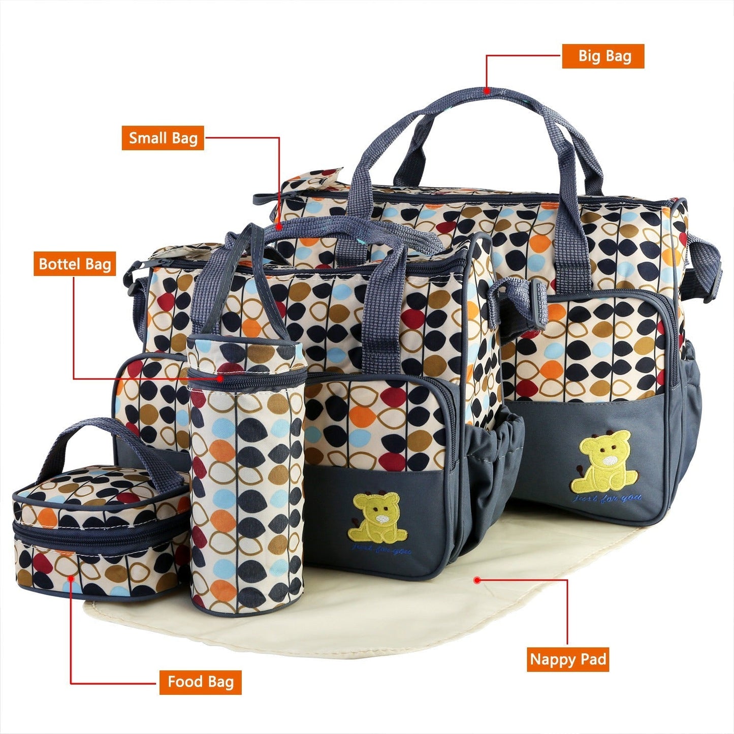 Juego de 5 Piezas de Bolsa de Pañales para Bebés con Cambiador y Bolsillos Aislados