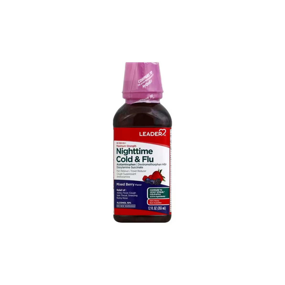 Líder Máxima Fuerza Alivio Nocturno del Resfriado y la Gripe - Sabor Cereza, 12 fl oz