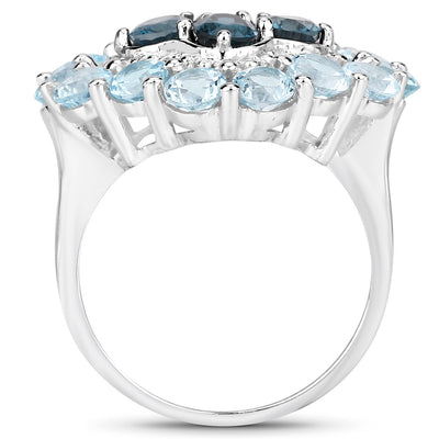 Bague en argent sterling avec topaze bleue de Londres et topaze blanche de 6,54 carats