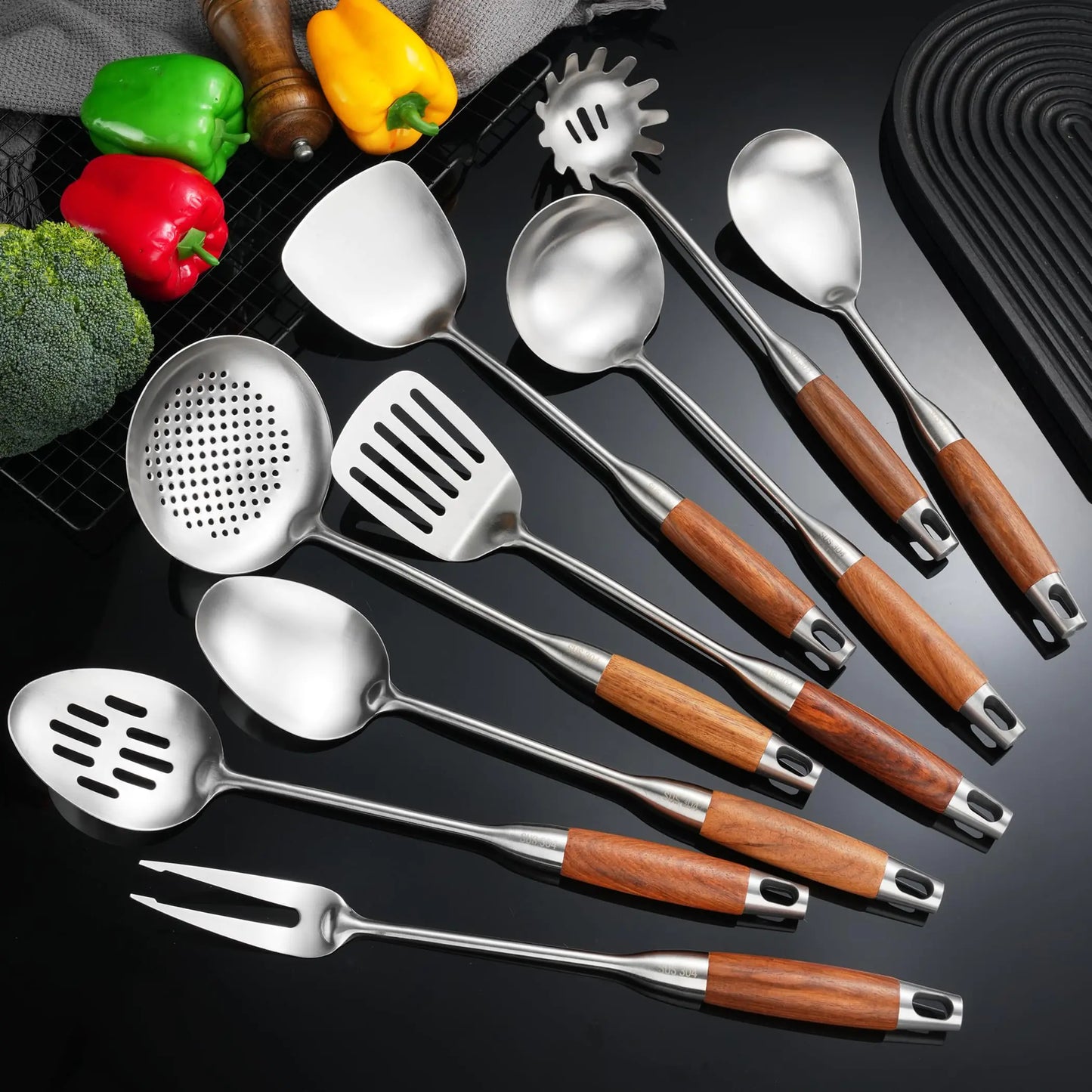 Ensemble d'ustensiles de cuisine en acier inoxydable NIITAWH de 9 pièces avec poignées en bois