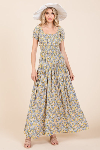 Robe Maxi à Manches Bouffantes et Imprimé Floral d'Été