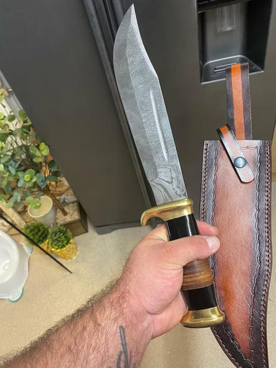 Custom Handmade 16" Damascus Steel Crocodile Dundee Knife with Leather Handle - Korvel