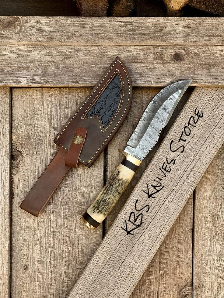 Premium Damascus Hunting Knife – 10" Blade with Antler Handle & Brass Guard - Korvel
