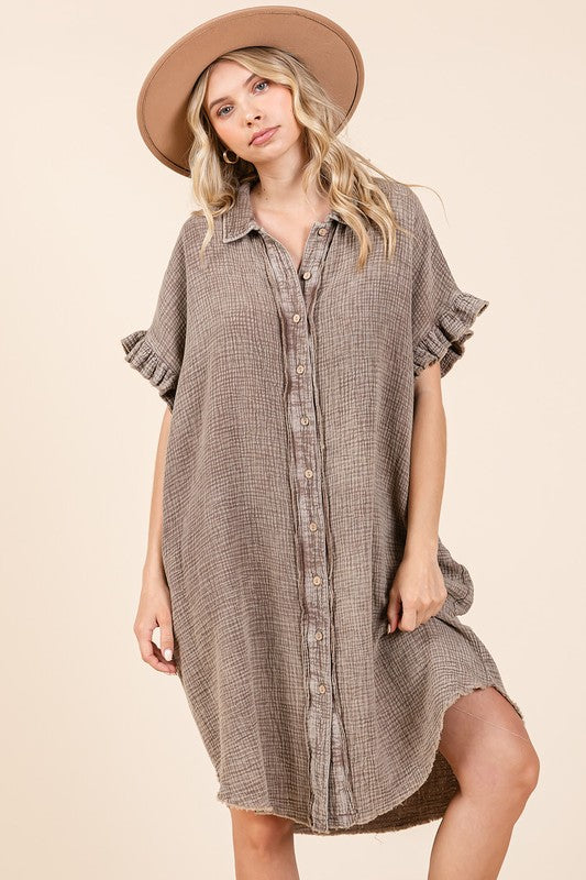 Mineral Wash Cotton Gauze Mini Shirt Dress for Women