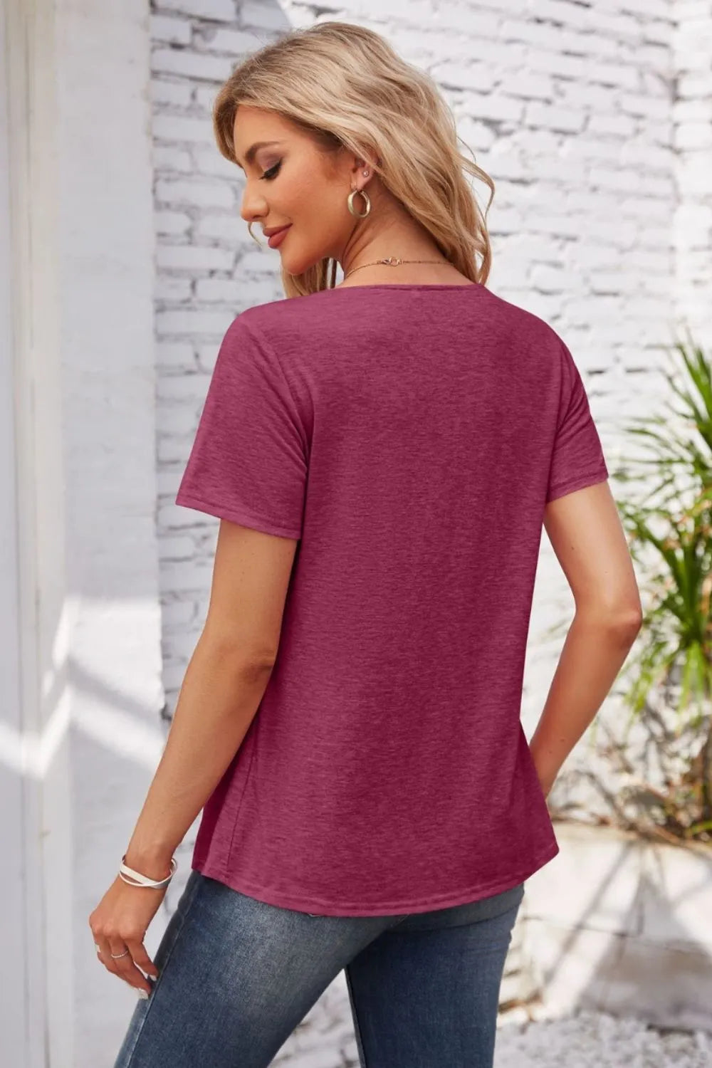 Decorative Button Scoop Neck T-Shirt - Korvel