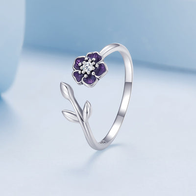 925 Sterling Silver Oxidized Flower Design Ring with Pavé CZ