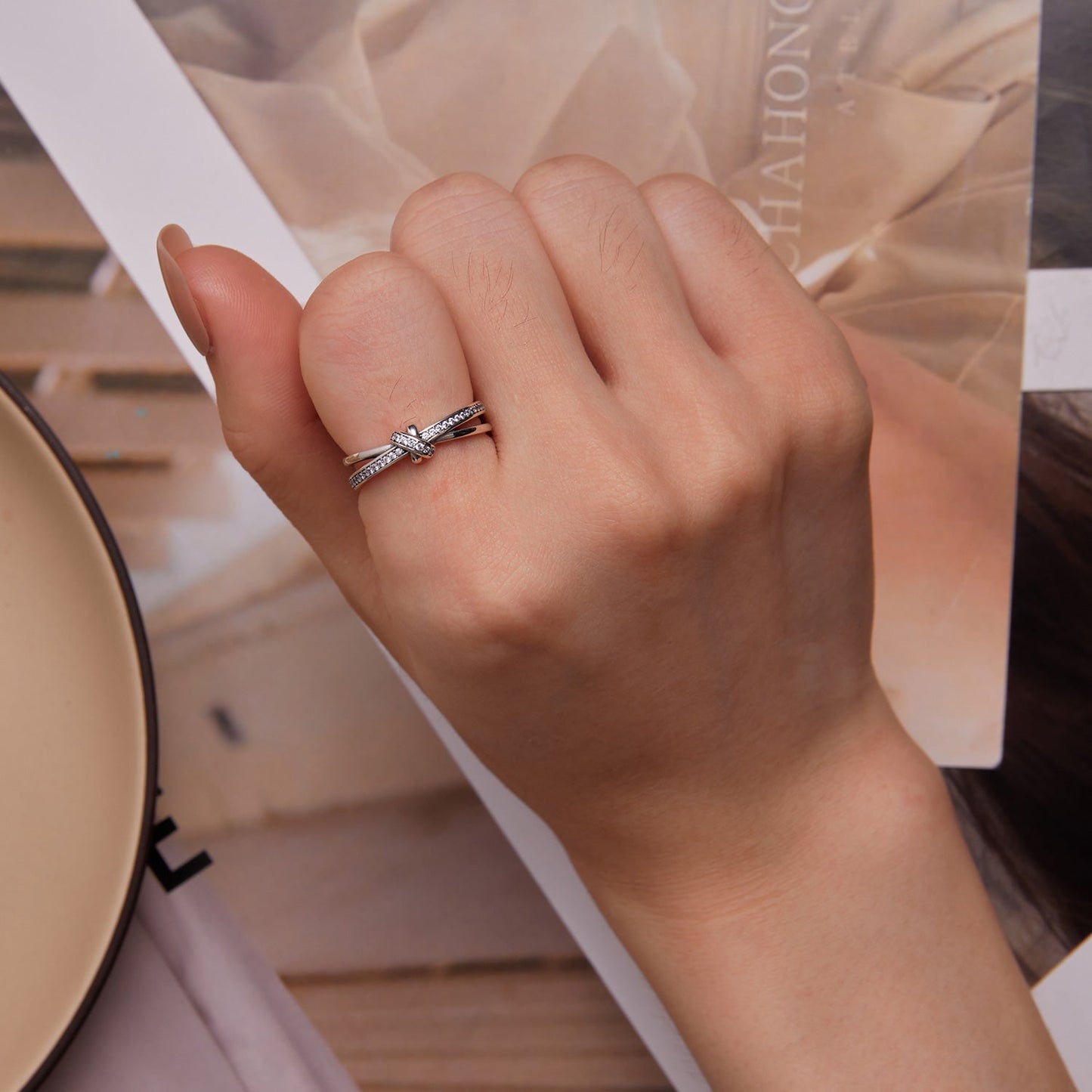 Bague en argent sterling S925 oxydé avec pavé de CZ - Taille 6 pour femmes