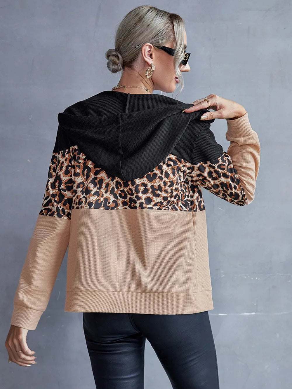 Drawstring Leopard Zip Up Hooded Jacket - Korvel