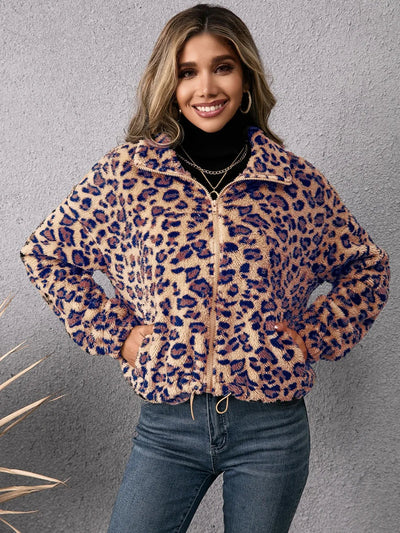 Drawstring Leopard Zip Up Jacket - Korvel