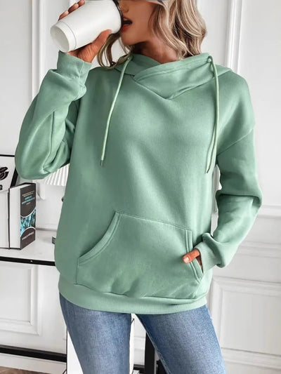 Drawstring Long Sleeve Hoodie with Kangaroo Pocket - Korvel