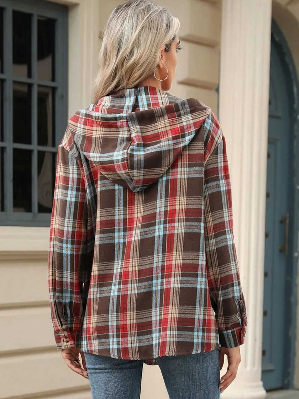 Drawstring Plaid Hooded Long Sleeve Top - Korvel