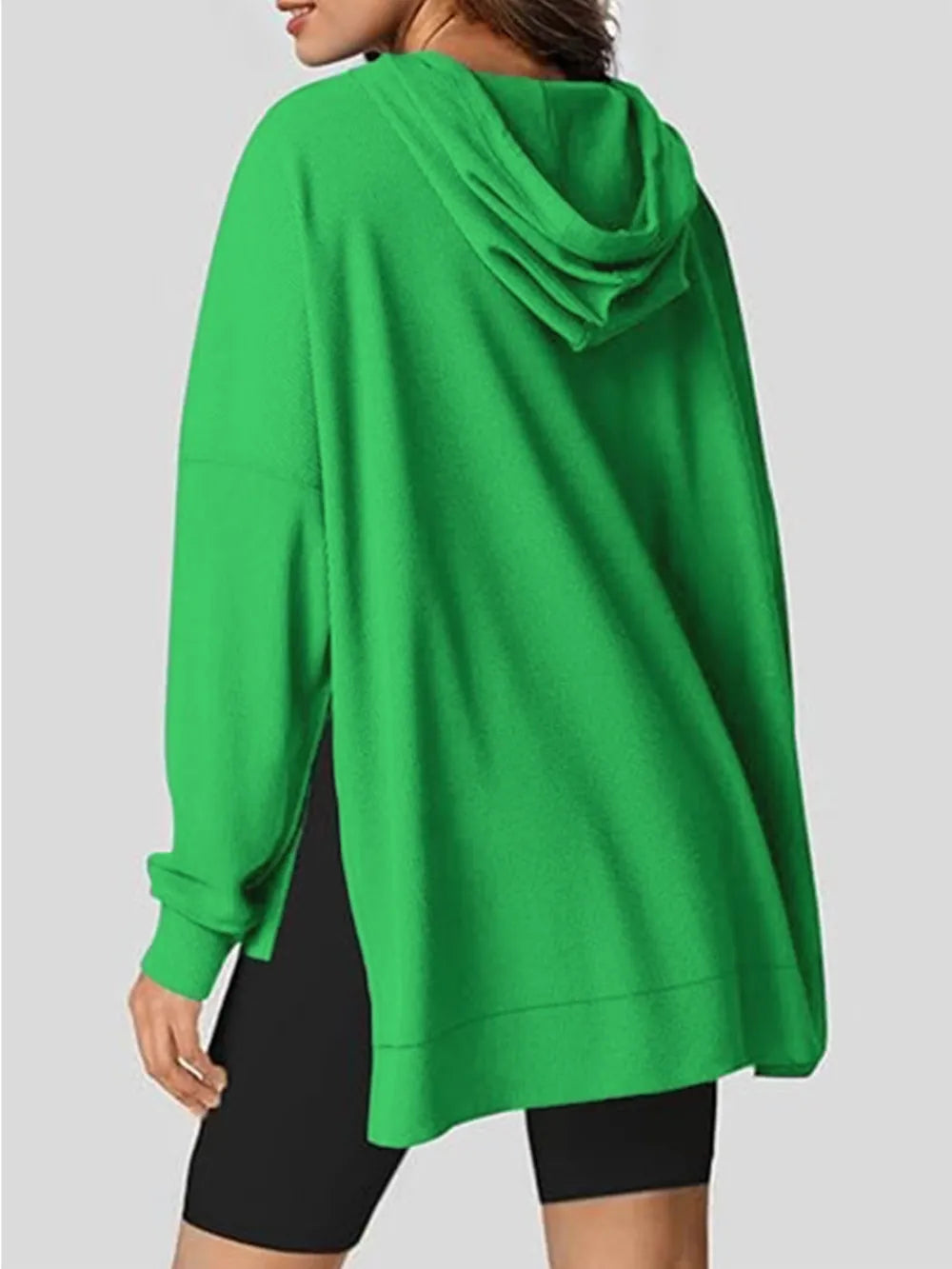 Drawstring Slit Long Sleeve Hoodie - Korvel