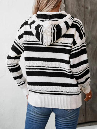 Drawstring Striped Long Sleeve Hooded Sweater - Korvel