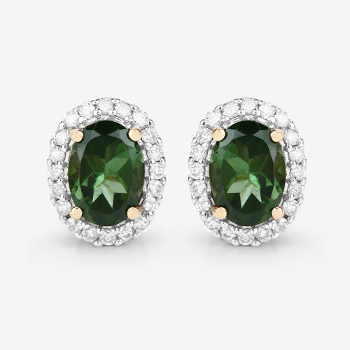 1.92 Carat Green Tourmaline & Diamond 14K Yellow Gold Earrings