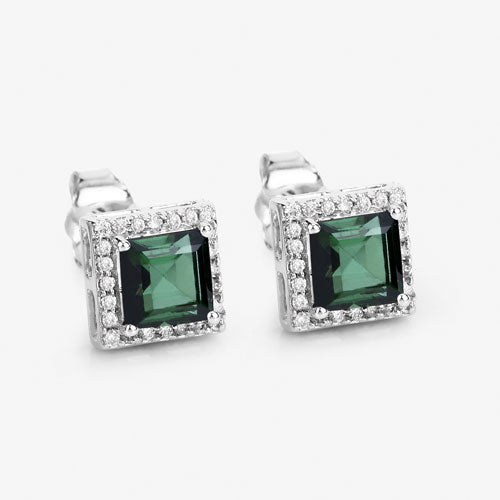1.55 Carat Genuine Green Tourmaline and White Diamond Earrings