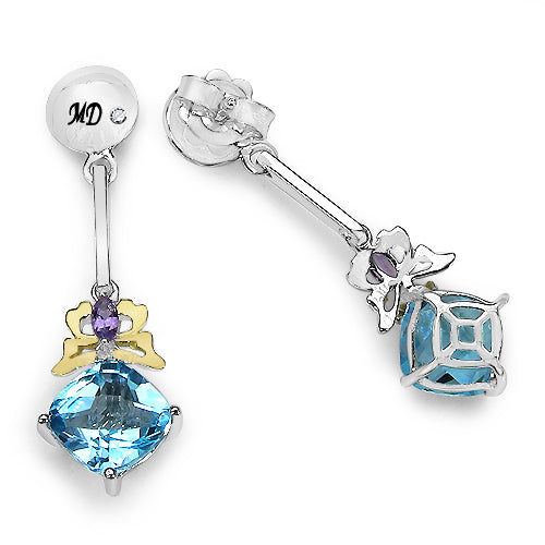 Pendientes de Topacio Azul y Amatista de 5.55 Quilates en Plata Esterlina