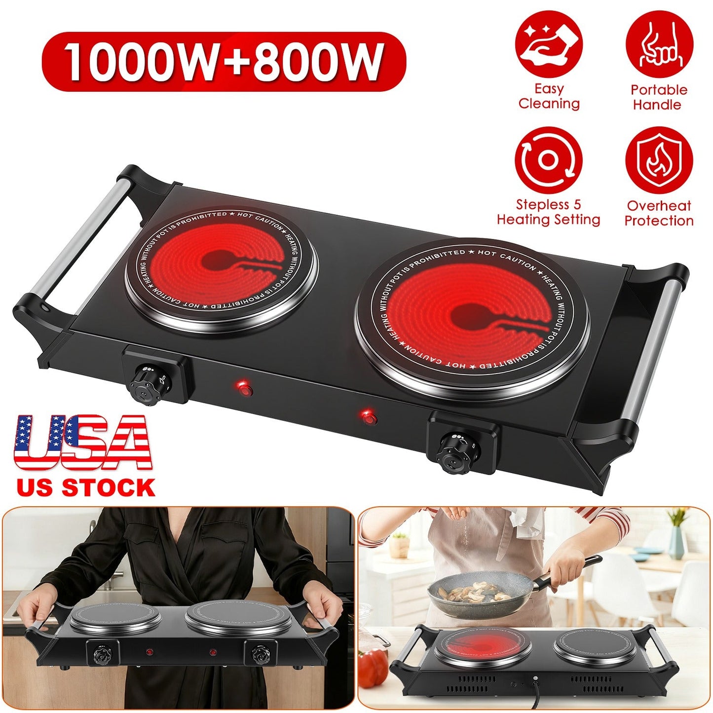 Placa Calentadora Portátil Doble de 1800W