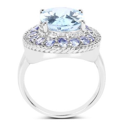 7.41 Carat Blue Topaz and Tanzanite Sterling Silver Ring