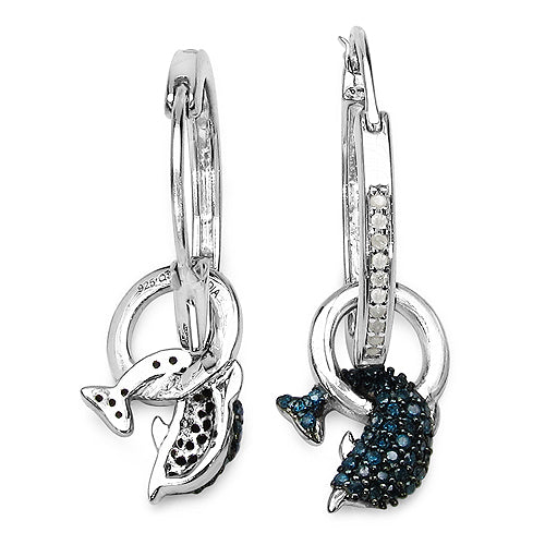 Boucles d'oreilles en argent sterling .925 avec diamants bleus et blancs élégants