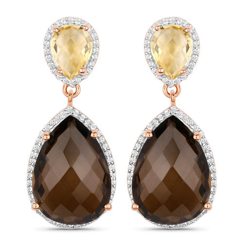 20.80 Carat Smoky Quartz and Citrine 925 Sterling Silver Earrings