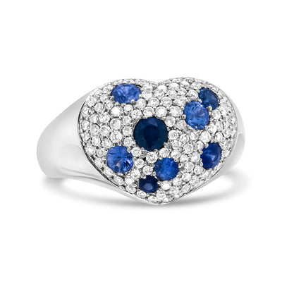 Bague en cœur en or blanc 18K avec saphirs bleus et diamants - Taille 7.5