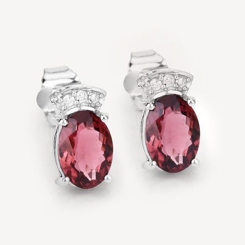 1.35 Carat Genuine Pink Tourmaline & White Diamond Earrings in 14K White Gold