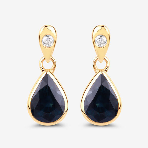 Pendientes de zafiro azul genuino y diamante de 1.65 quilates en oro amarillo de 10 quilates