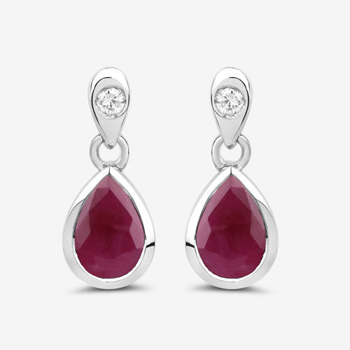 Pendientes de Rubí Genuino de 1.65 Quilates y Diamante Blanco en Oro Blanco de 10K