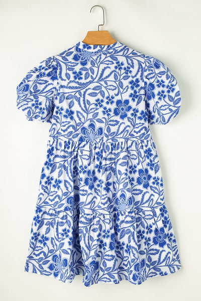Royal Blue Printed Puff Sleeve Dress - Stylish & Feminine