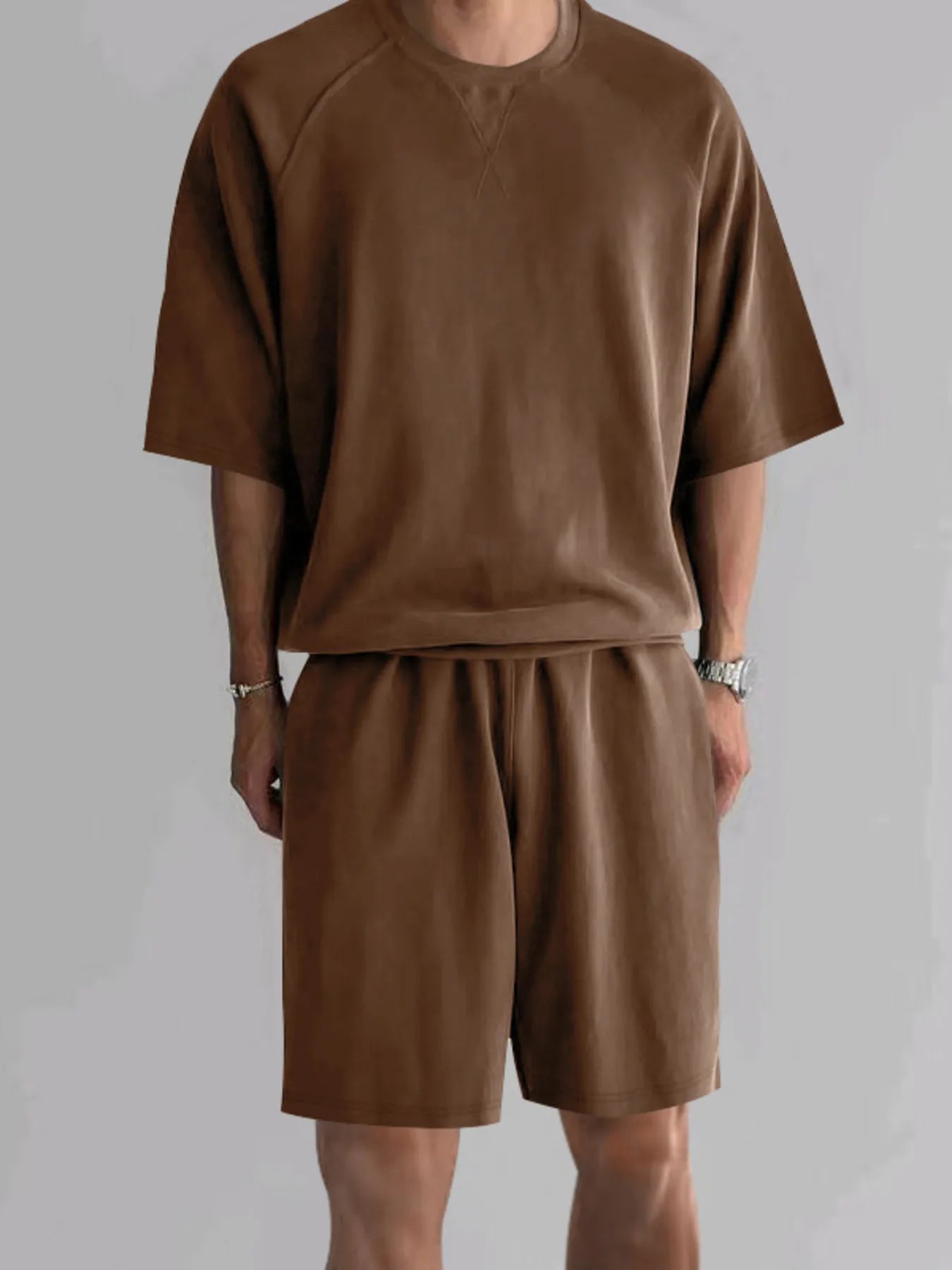 Men's Plus Size Round Neck Top and Shorts Set