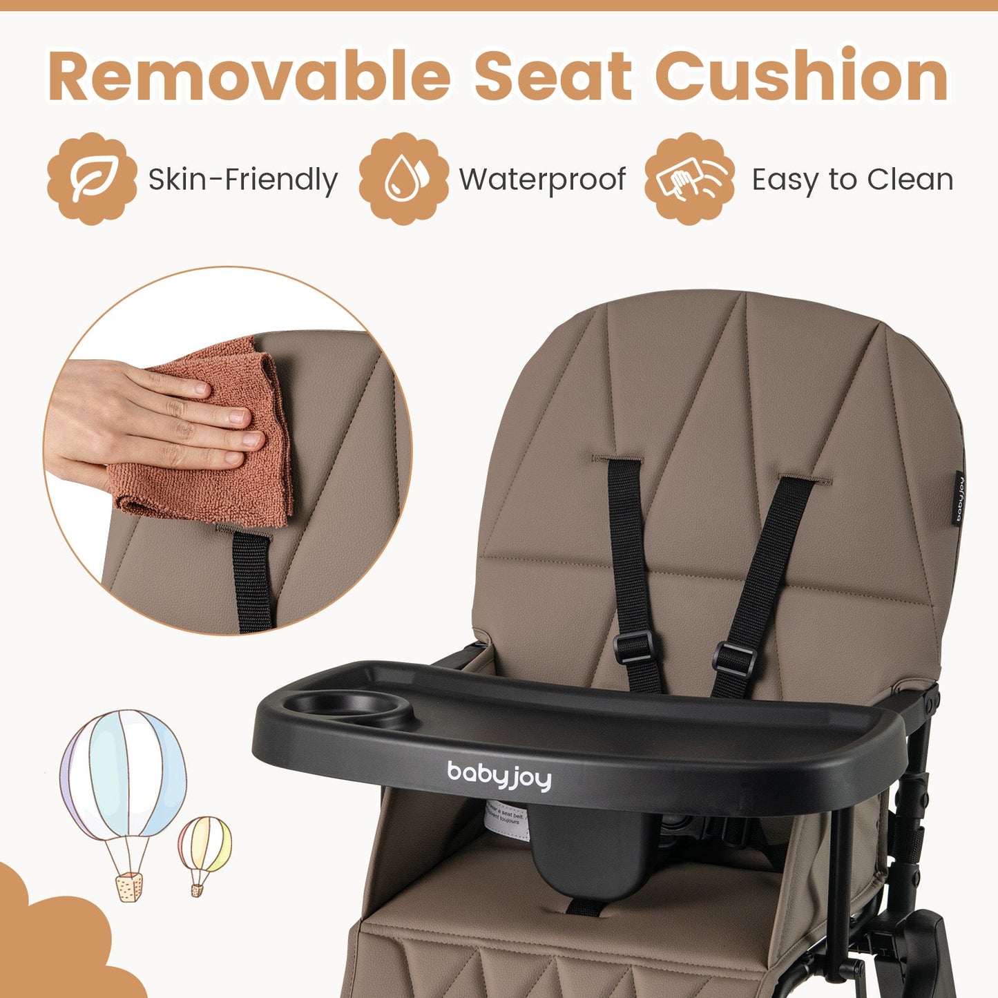 Chaise haute compacte avec plateau réglable et coussin en PU - Marron