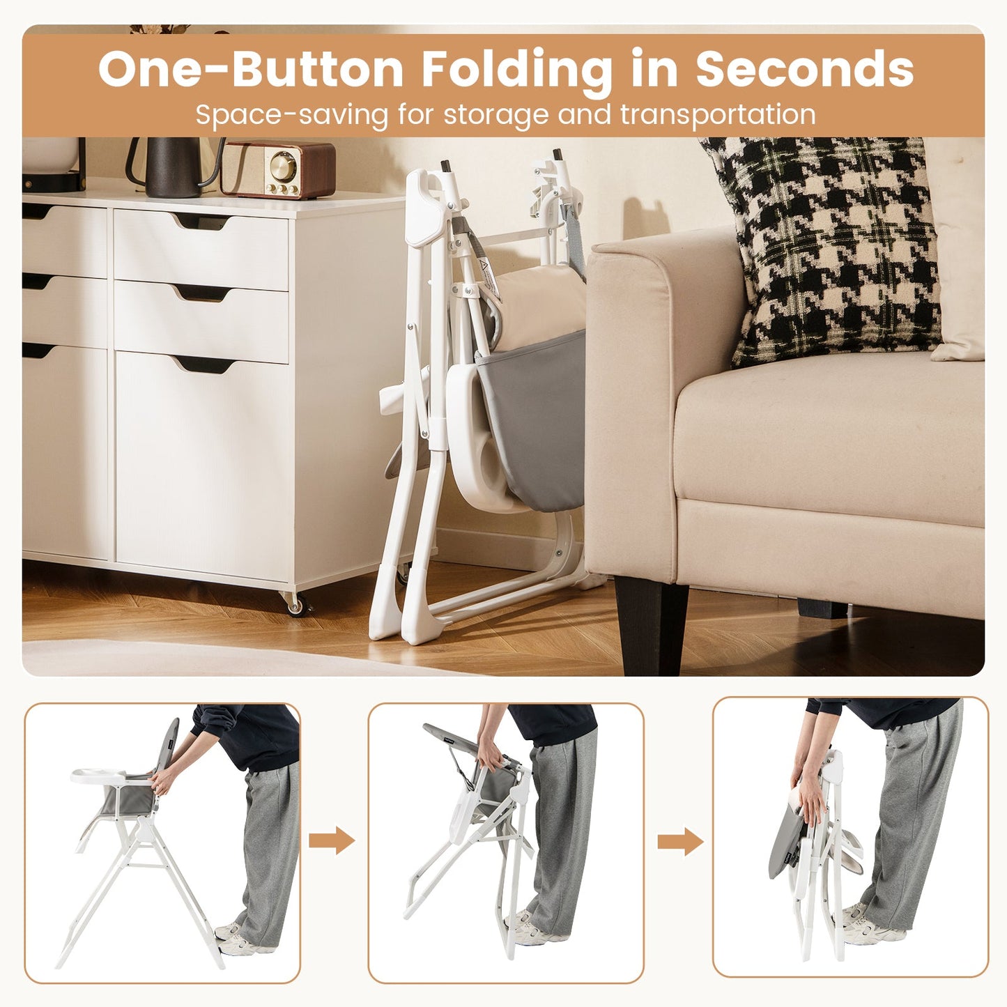 Trona Compacta de Fácil Limpieza con Bandeja Ajustable - Gris
